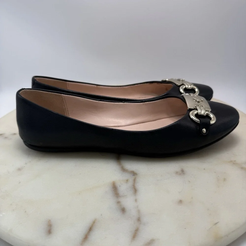 Kate Spade Payton Ballet Flats Black Leather Silver Logo Size 6.5B Slip-On
